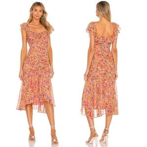 ASTR The Label Devereaux Ruched Cutout Floral Midi Dress Pink Ruffle Size Large
